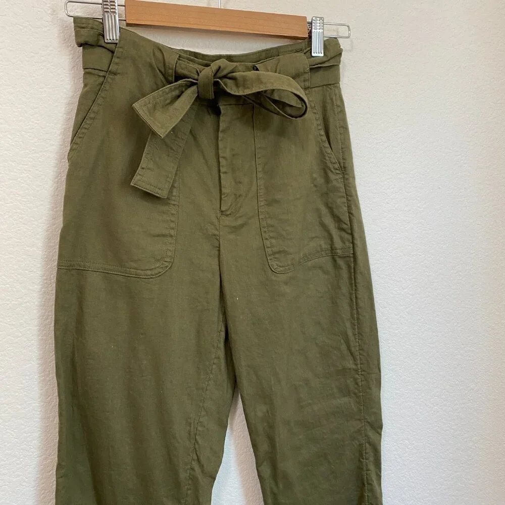 Banana Republic Green Linen Blend High-Waist Paper Bag Trousers Pants Size 0
